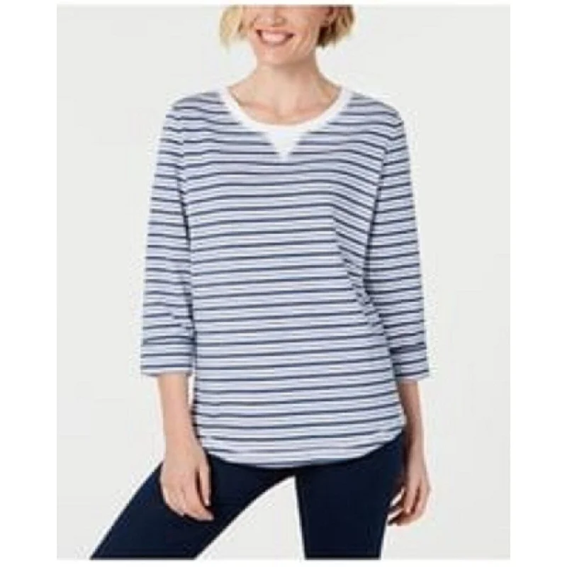 Fashionable And Fashionable Karen Scott Women's Petite Striped 3/4-Sleeve Sweatshirt Blue Size Medium