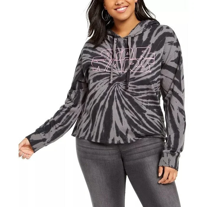 Retro Prints Mighty Fine Women's Trendy Plus Size Star Wars Graphic Tie-Dyed Cropped Hoodie Black Size 2X