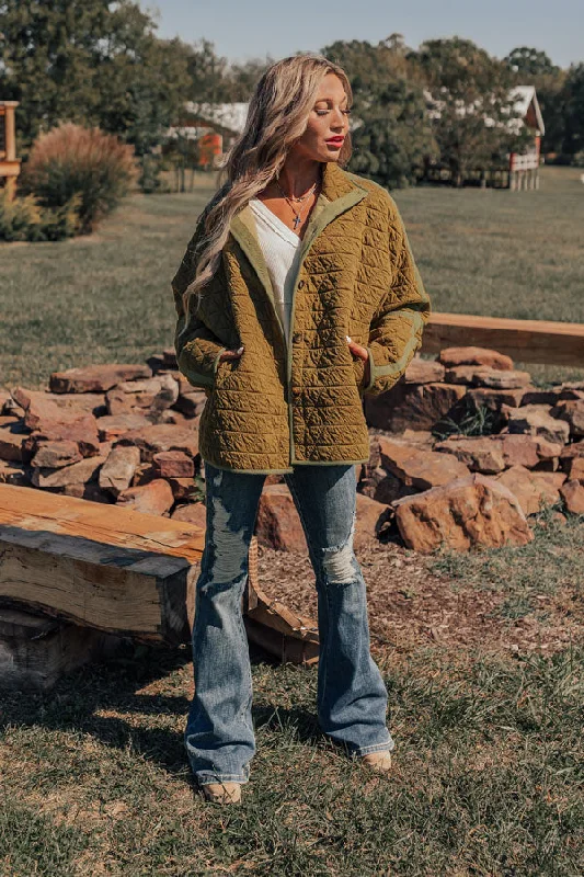 Warm And Comfortable Bonfire Nights Quilted Jacket in Olive