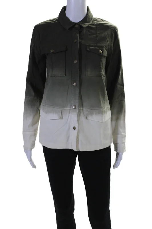 Fashion Wear Ecru Womens Button Front Collared Ombre Shirt Jacket Pine White