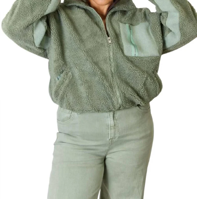 Fresh And Fashionable Full Size Zip Up Collared Neck Jacket In Sage
