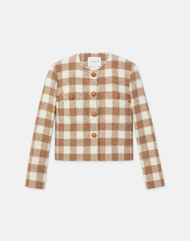Fashion Elements Gingham Wool Collarless Buttoned Jacket