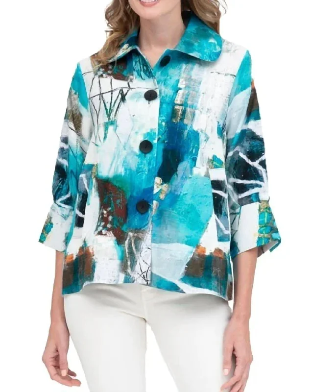 Classic Retro Oil Painting Jacket In Turquoise White
