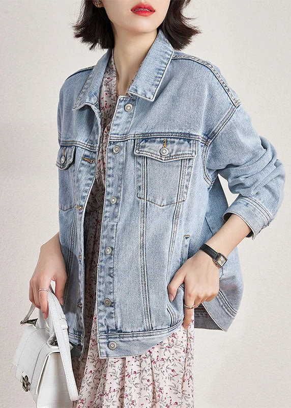 Editorial Design Plus Size Light Blue Peter Pan Collar Oversized Pockets Denim Coats Spring