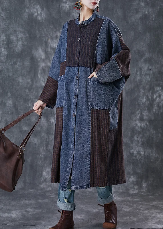 Fresh Wear Plus Size Navy Oversized Patchwork Applique Denim Trench Coat Spring