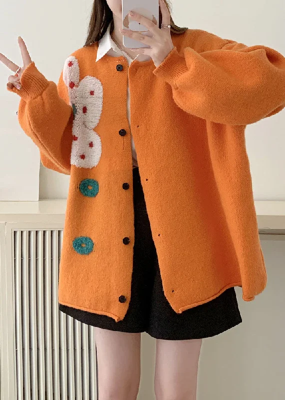 Effortless Comfort Plus Size Orange O-Neck Sun Floral Cotton Knit Sweaters Coats Long Sleeve