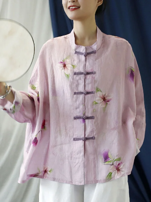 Fashion Must-have Plus Size Pink Flower Print Ramie Shirt Coat
