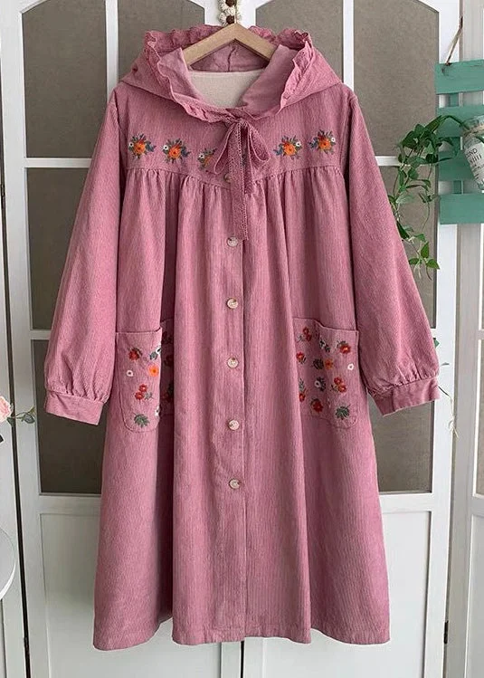 Elegant Design Plus Size Pink Hooded Embroideried Lace Up Cotton Long Coats Spring