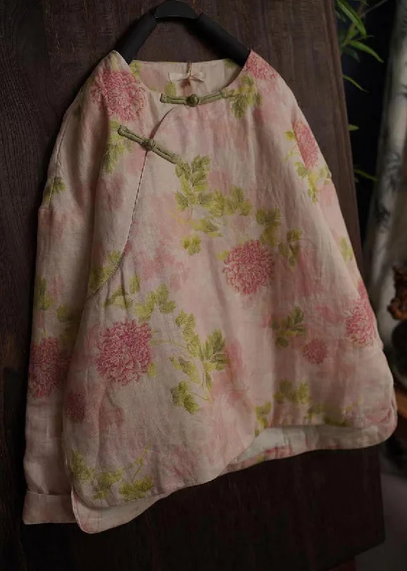 Unique Prints Plus Size Pink Peony O-Neck Print Fine Cotton Filled Winter Coats Long Sleeve