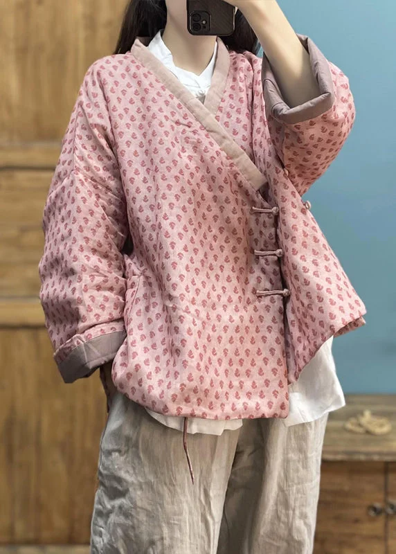 High-end Design Plus Size Pink Print Button Pockets Cotton Filled Coat Winter