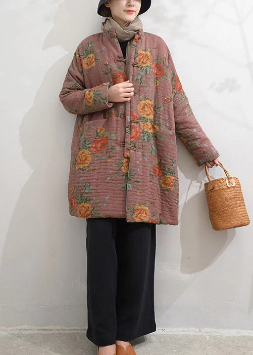 Trends Plus Size Pink Stand Collar Pockets Print Fine Cotton Filled Coat Winter