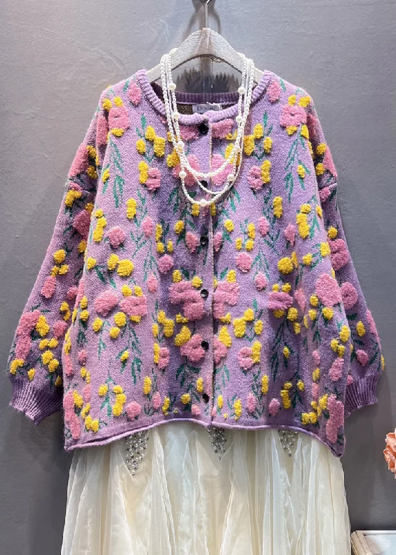 Exquisite Tailoring Plus Size Purple Floral Button Knit Coats Long Sleeve