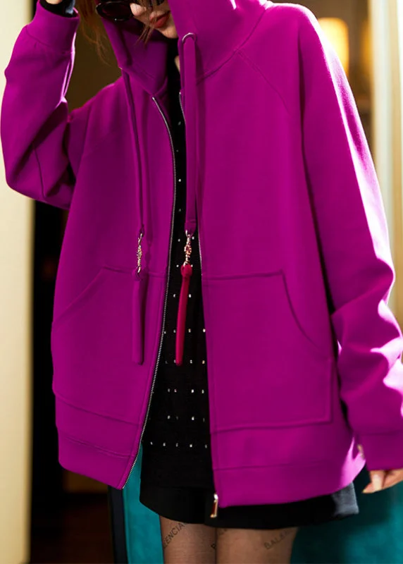 Tropical Style Plus Size Purple Hooded Zippered Pockets Cotton Coats Spring