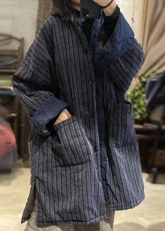 Elegant Outline Plus Size Vintage Blue Stand Collar Pockets Striped Fine Cotton Filled Coat Winter