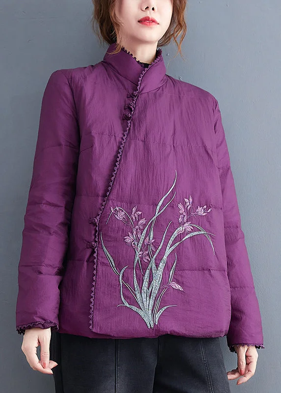 Cozy Lifestyle Purple Fine Cotton Filled Jackets Embroideried Stand Collar Winter