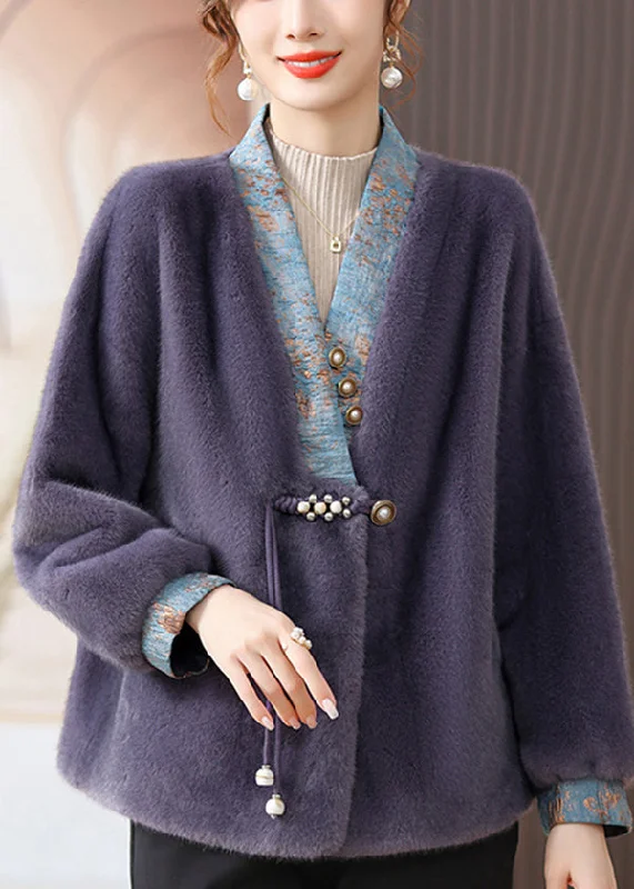 Fresh And Natural Purple Patchwork Mink Hair Coats V Neck Tasseled Button Fall