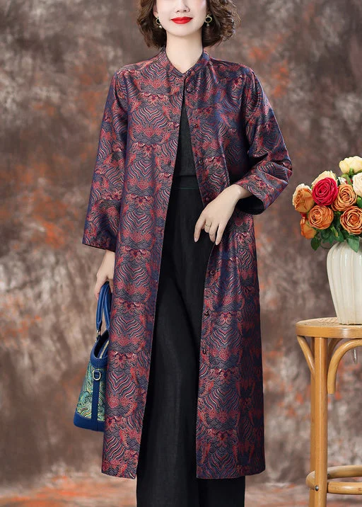 Stylish Jackets Purple Pockets Silk Coats Stand Collar Long Sleeve