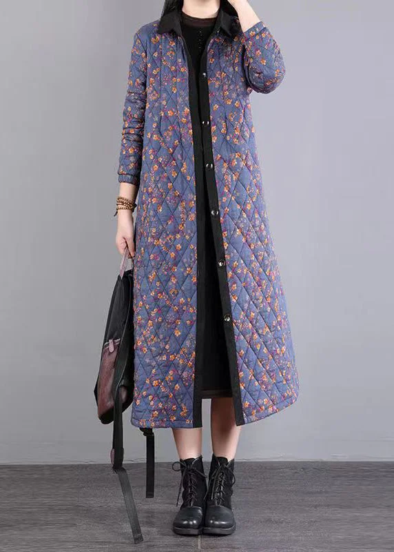 Sports Style Purple Print Patchwork Fine Cotton Filled Coats Peter Pan Collar Winter
