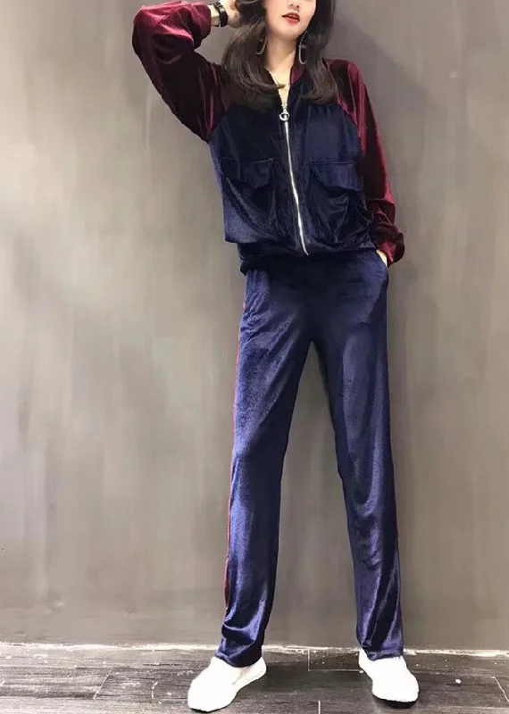 Fashionable In The Times Purple Stand Collar Silk Velour Coats And Wide Leg Pants Two Pieces Set Fall