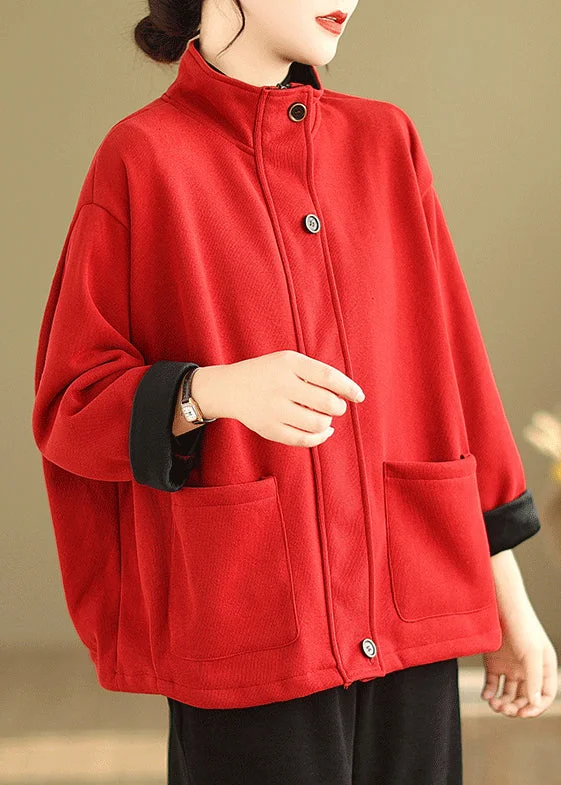 Low-key Luxury Red Button Loose Warm Fleece Coat Stand Collar Long Sleeve
