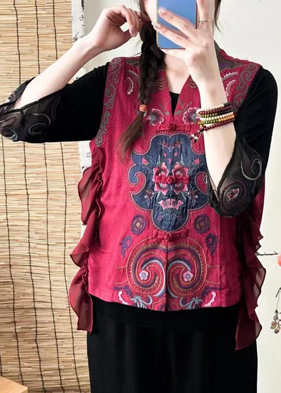Comfortable Fashion Red Button Patchwork Silk Waistcoat Embroideried Sleeveless