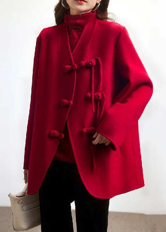 Trendy Layers Red Button Patchwork Wool Coat V Neck Long Sleeve