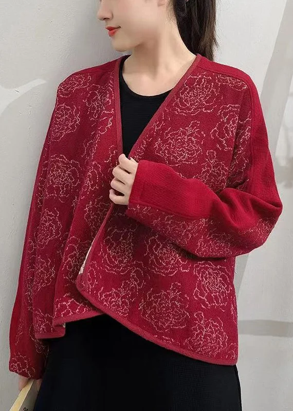 French Style Red Button Patchwork Woolen Coats V Neck Long Sleeve