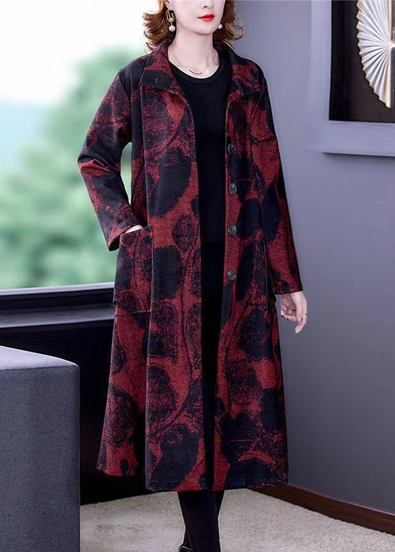 Soft Touch Red Button Pockets Patchwork Cotton Long Trench Coat Stand Collar Long Sleeve