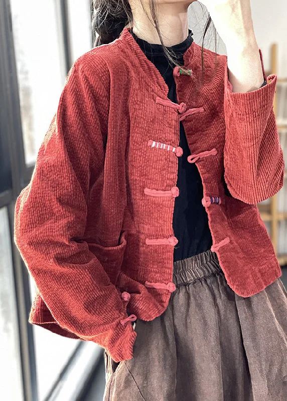 Cozy Look Red Button Thick Corduroy Coat Long Sleeve