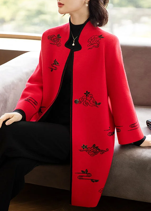 Cozy Fit Wear Red Embroideried Stand Collar Patchwork Wool Coats Stand Collar Long Sleeve