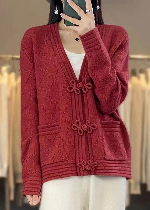 Cozy Essentials Wear Red Hollow Out Pockets Wool Coats V Neck Long Sleeve