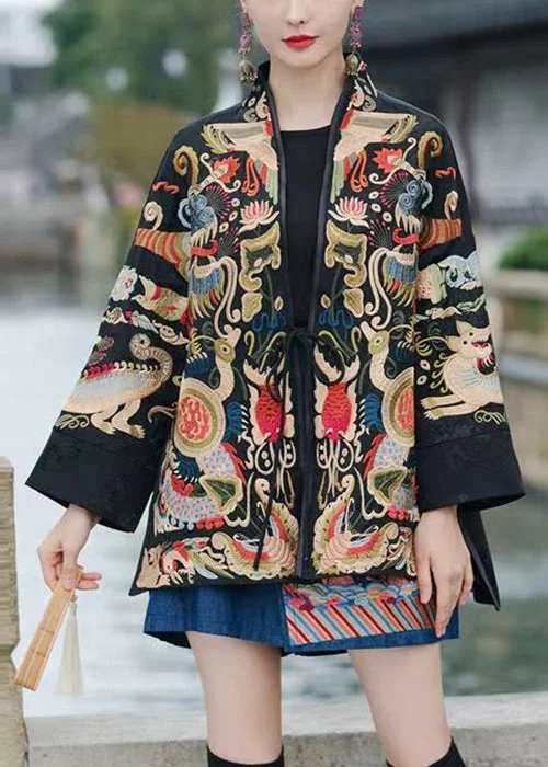 Cozy Fashion Red Lace Up Embroidered Silk Coats V Neck Long Sleeve