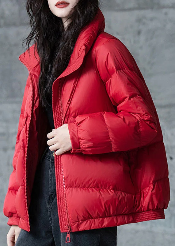 Cozy Fitting Red Loose Duck Down Puffers Jackets Stand Collar Zip Up Winter