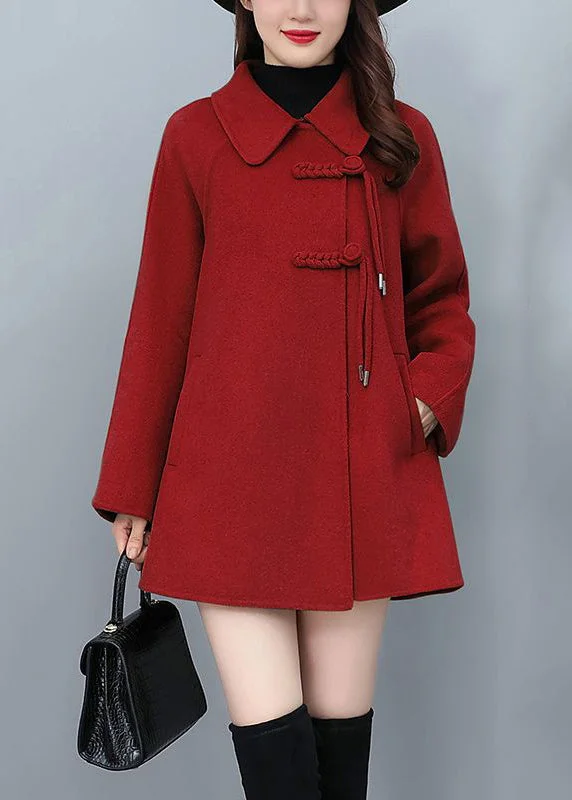 Playful Style Red Oriental Woolen Jacket Tasseled Chinese Button Winter