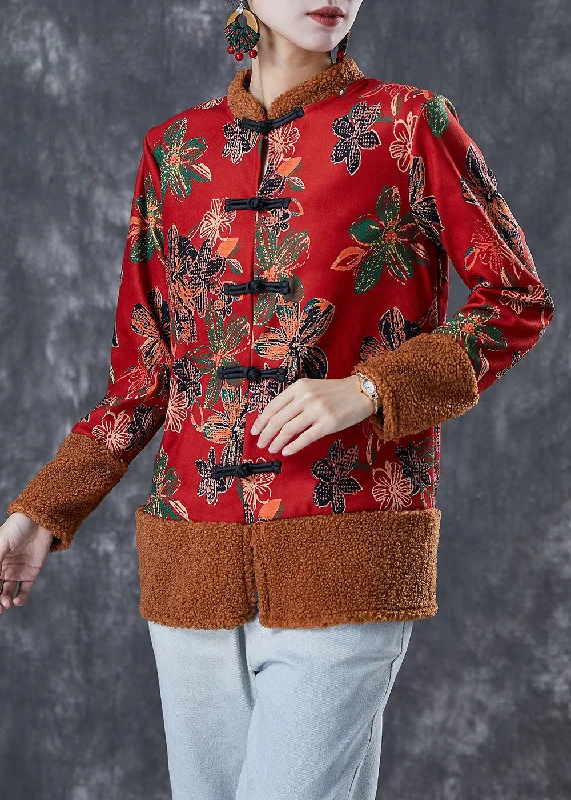 Moisture wicking Red Patchwork Warm Fleece Jackets Chinese Button Winter