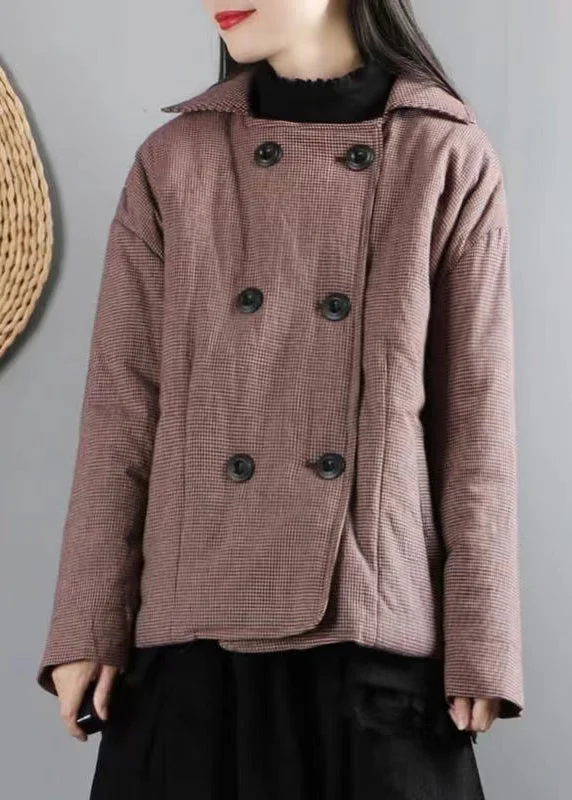 Fashion Pioneer Red Plaid Pockets Patchwork Fine Cotton Filled Womens Coats Winter