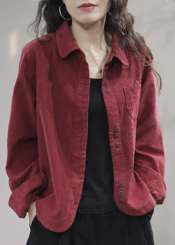 Modern Chic Red Pockets Button Solid Corduroy Coat Spring