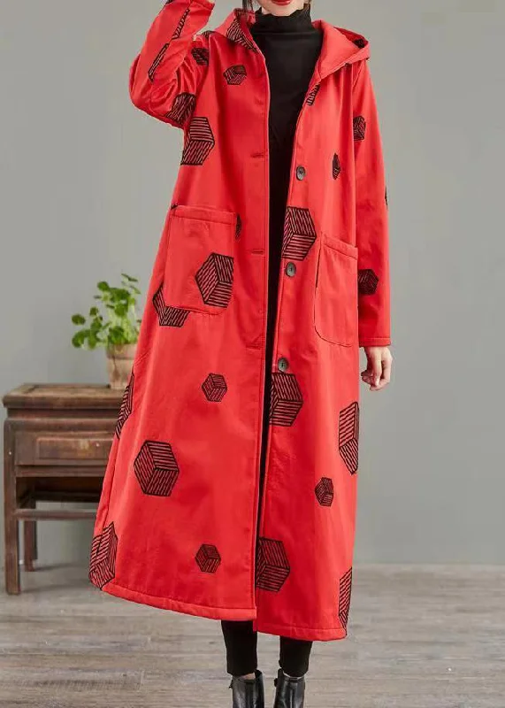 Economic Outlook Red Pockets Print Patchwork Warm Fleece Hoodie Coat Winter