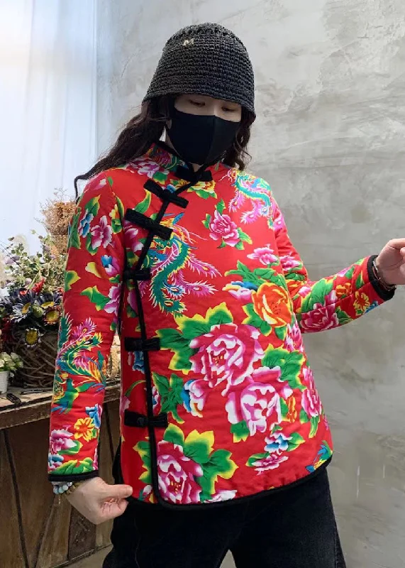 Cozy Apparel Red Print Fine Cotton Filled Coat Outwear Mandarin Collar Winter