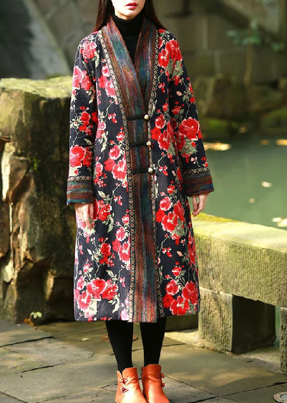 Simple Looks Red Print Fine Cotton Filled Long Coats V Neck Oriental Button Winter