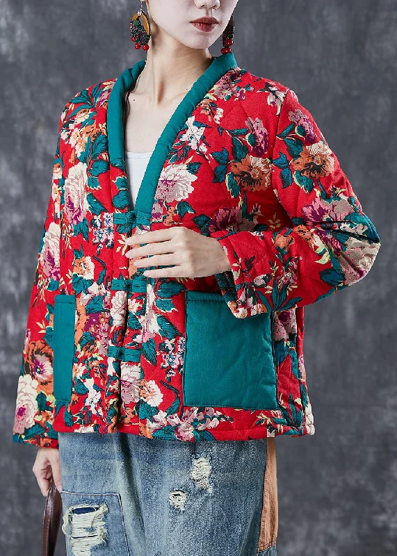 Sports And Leisure Red Print Patchwork Fine Cotton Filled Jacket Pockets In Winter