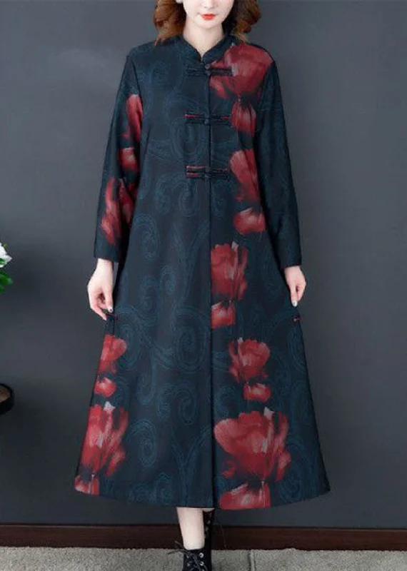 Trendy And Casual Red Print Silk Long Trench Coats Stand Collar Oriental Button Long Sleeve