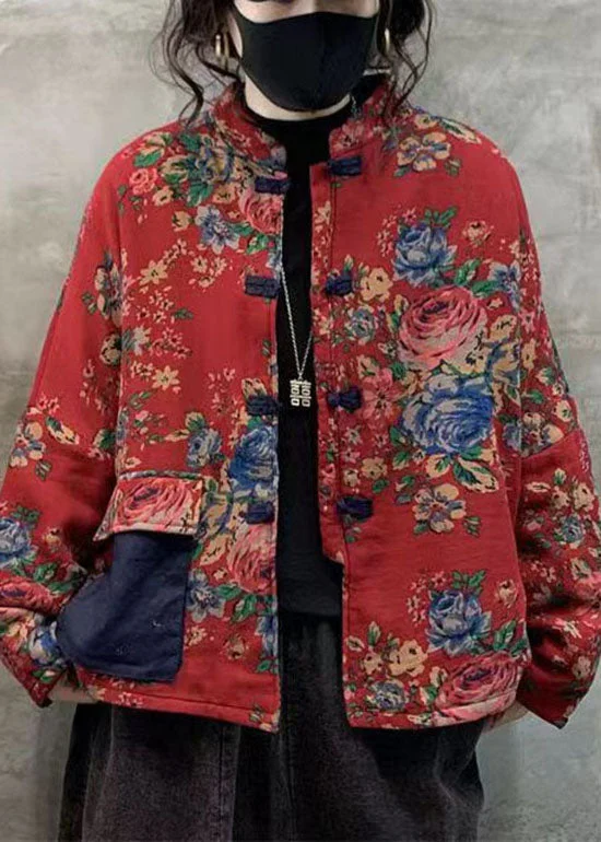 Sporty Comfort Red Print Thick Fine Cotton Filled Coats Stand Collar Oriental Button Winter
