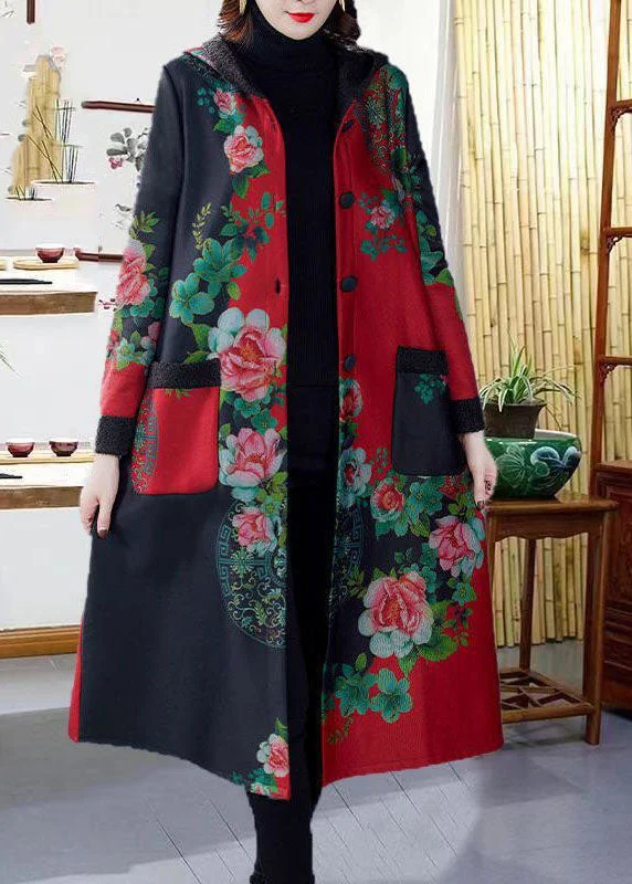 Stylish Casuals Red Print Thick Warm Fleece Loose Trench Coats Winter