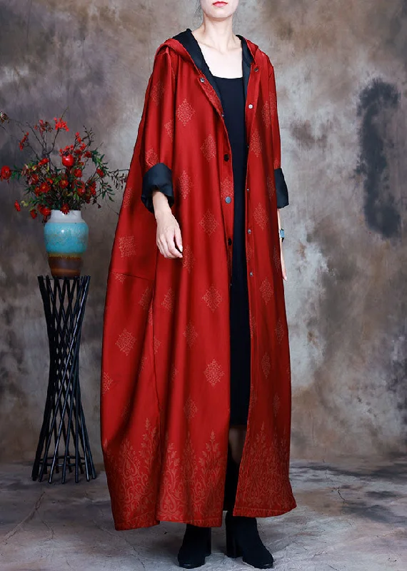 Playful Style Red Satin trench coats asymmetrical design button Spring