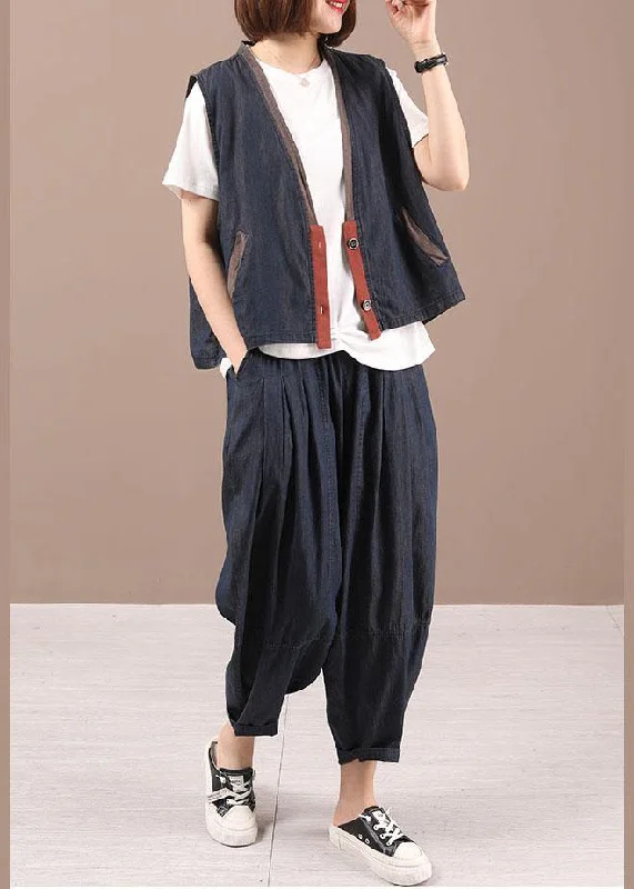 Wearable At Home Or Out Red Summer Denim Patchwork Red Waistcoat Harem Two Pieces Set