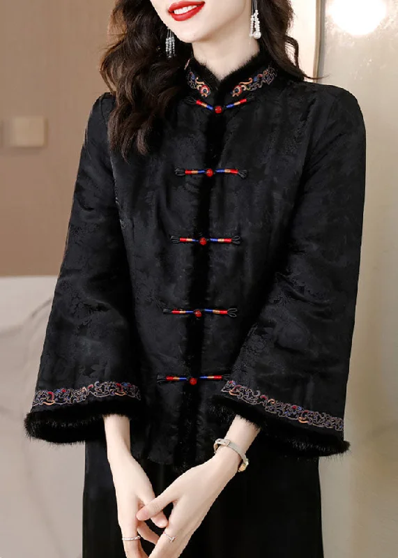 Ethnic Style Retro Black Fur Collar Embroideried Button Silk Coats Long Sleeve