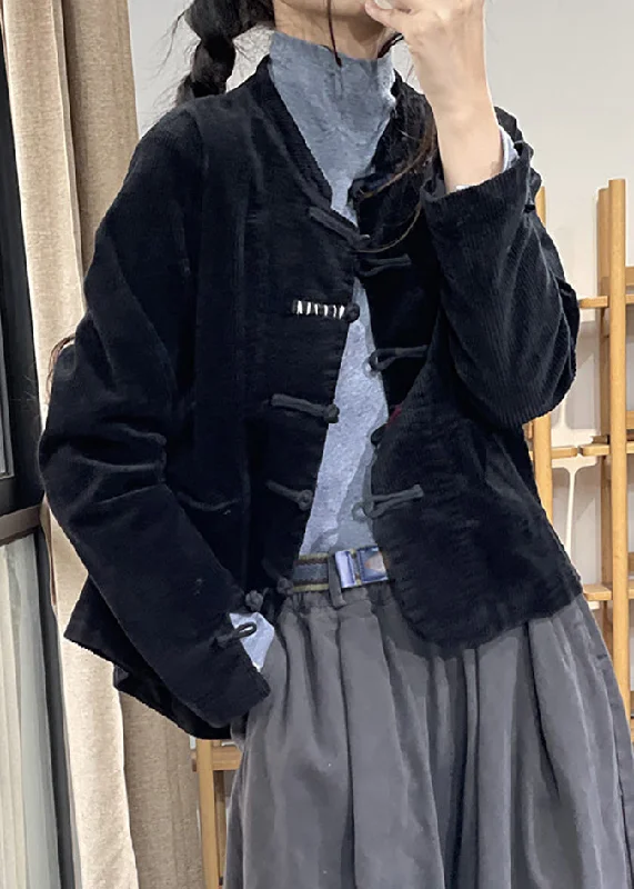 Soft Fashion Retro Black Stand Collar Pockets Thick Corduroy Coats Fall