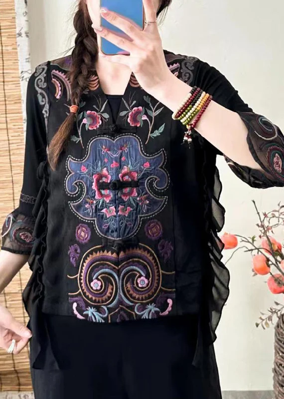 Soft Fabrics Retro Black V Neck Embroideried Ruffled Silk Waistcoat Sleeveless