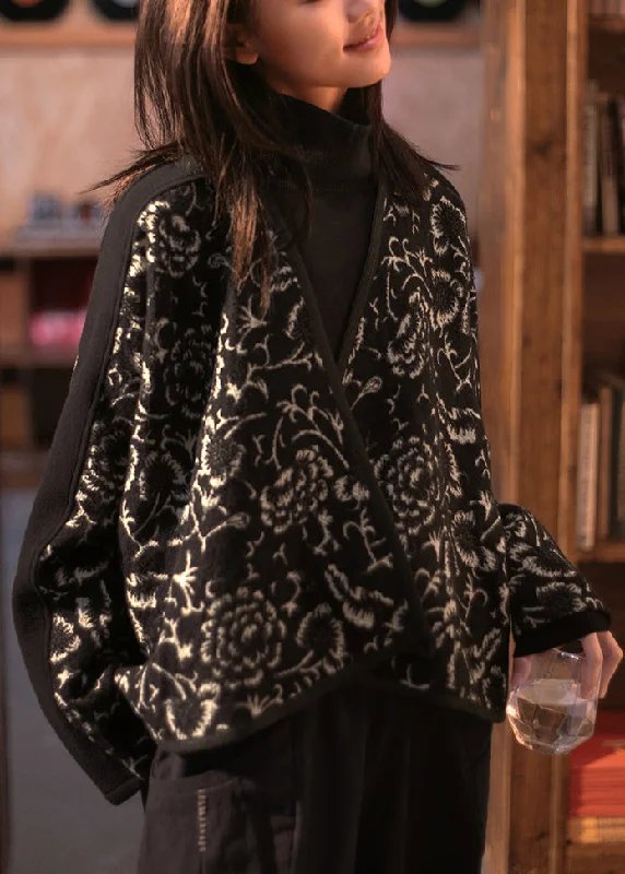Carefree Style Retro Black V Neck Jacquard Patchwork Woolen Short Coat Winter